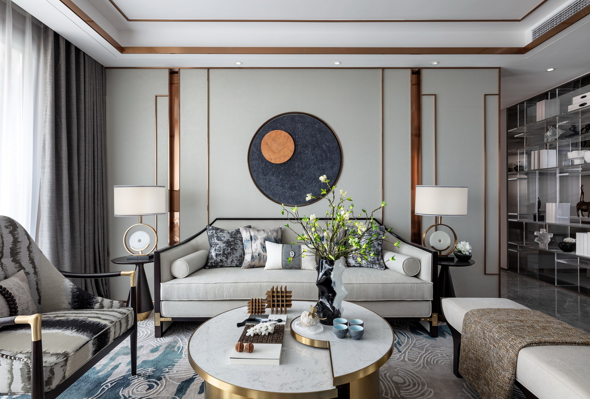 简约新中式风格室内家装案例效果图-客厅沙发背景墙